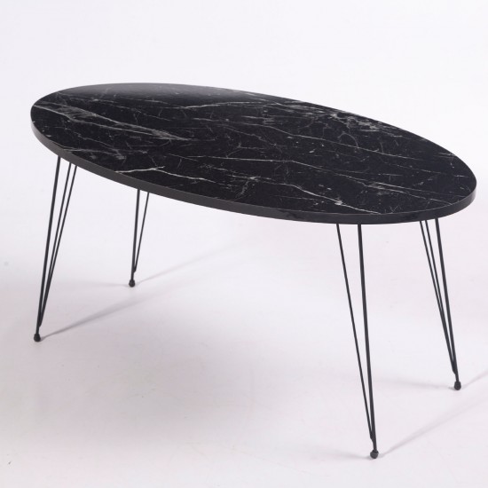 Masuta cafea Casafun Marlem, Oval, 90x50x45 cm, marmura negru desene, picioare metal negru