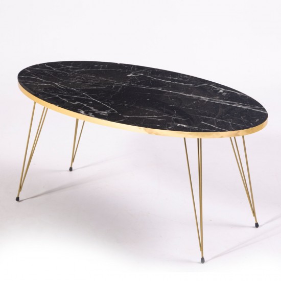 Masuta cafea Golden Marlem, oval, 90x50x45 cm, Negru desene Marmura, picioare metal auriu
