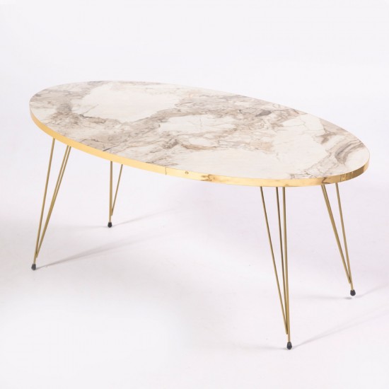 Masuta cafea Golden Marlem, oval, 90x50x45 cm, Crem desene Marmura, picioare metal auriu