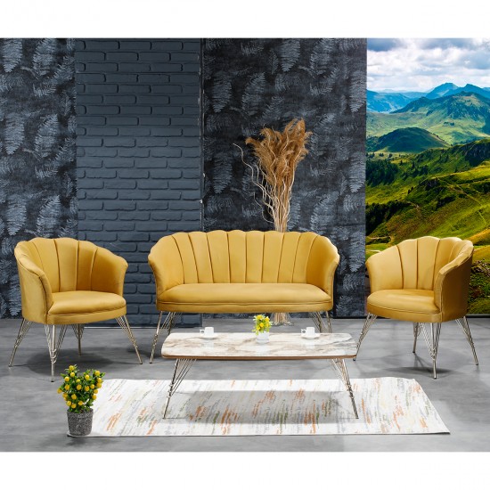 Canapele-London Queen GOLDEN MUSTAR, Tapitat Textil cadifea, Cadru Lemn, picioare metal auriu