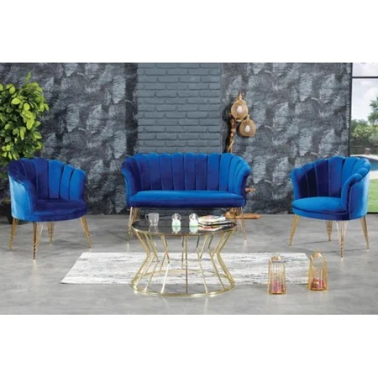 Set Canapea, London Queen Coffea, Marin, cadru lemn, picioare metal auriu