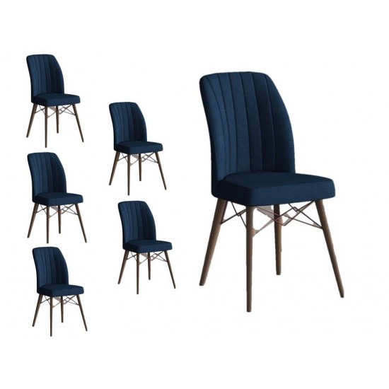 Set 6 Scaune tapitat dining/bucatarie,Horizon Albastru Night, material textil, cadru metal, picioare Lemn