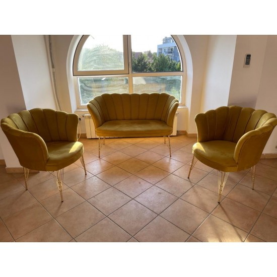 Set Canapea London Queen Coffee Set, Golden Mustar, cadru lemn, picioare metal auriu