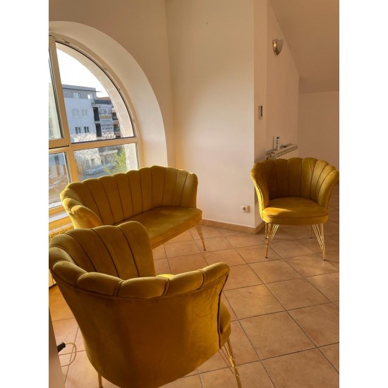 Set Canapea London Queen Coffee Set, Golden Mustar, cadru lemn, picioare metal auriu