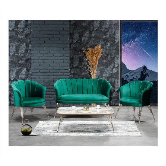 Set Canapea London Queen Coffee Set, Verde-Menta, cadru lemn, picioare metal auriu