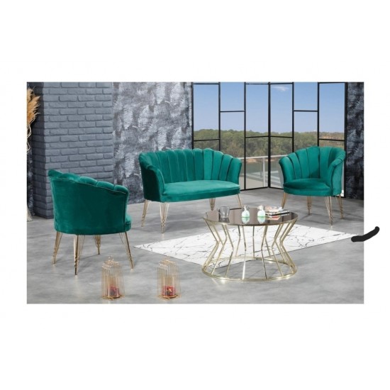 Set Canapea London Queen Coffee Set, Verde-Menta, cadru lemn, picioare metal auriu