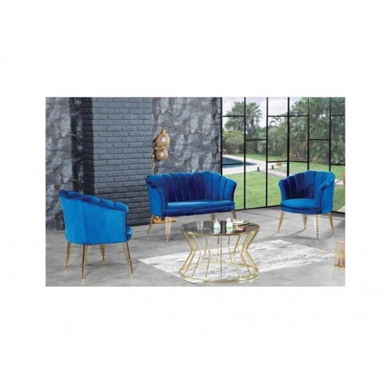 Set Canapea, London Queen Coffea, Marin, cadru lemn, picioare metal auriu